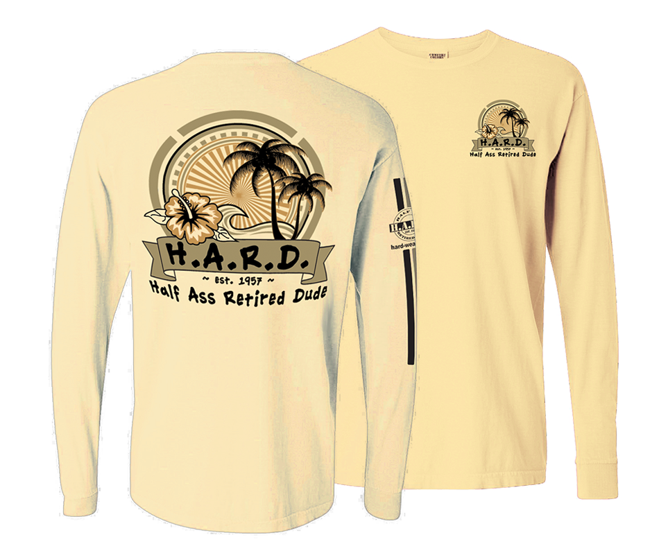 palm tree and flower image long sleeve butter colored shirt