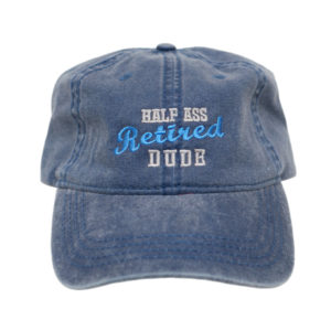 half ass retired dude blue jean colored baseball hat