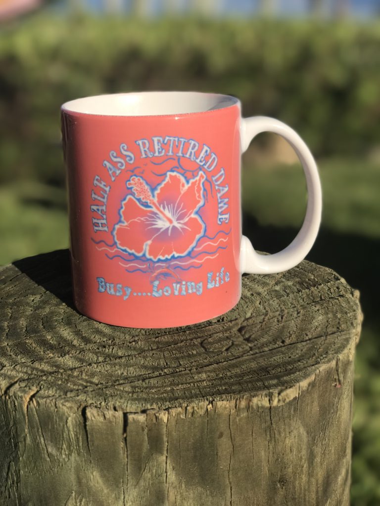 half ass retired dame pink coffee mug with flower