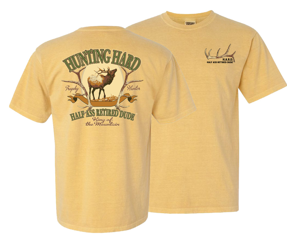 hunting elk image half ass retired dude mustard colored men's t-shirt