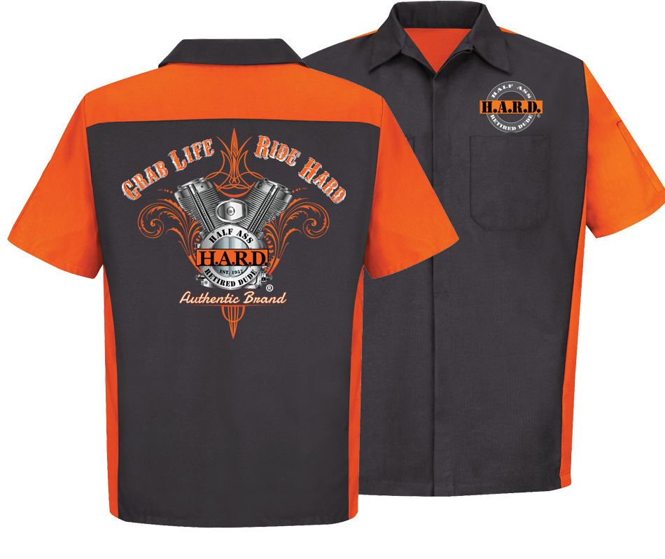 Bad Ass Biker Mechanic Charcoal Orange shirt