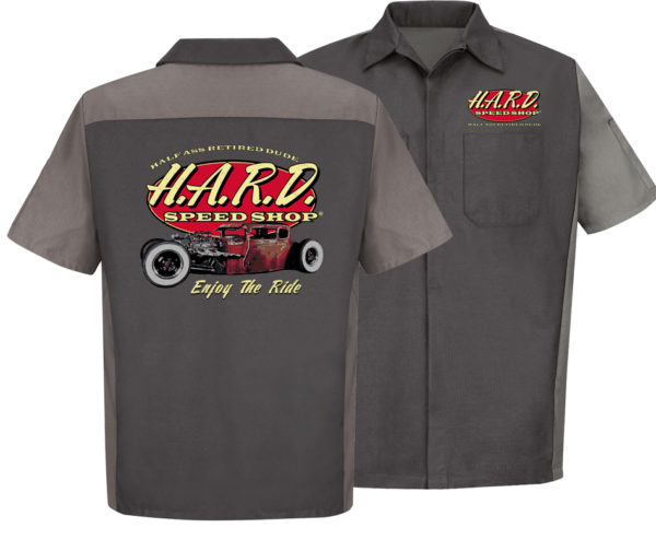 half ass retired dude charcoal and grey colored speed shop mechanic shirt