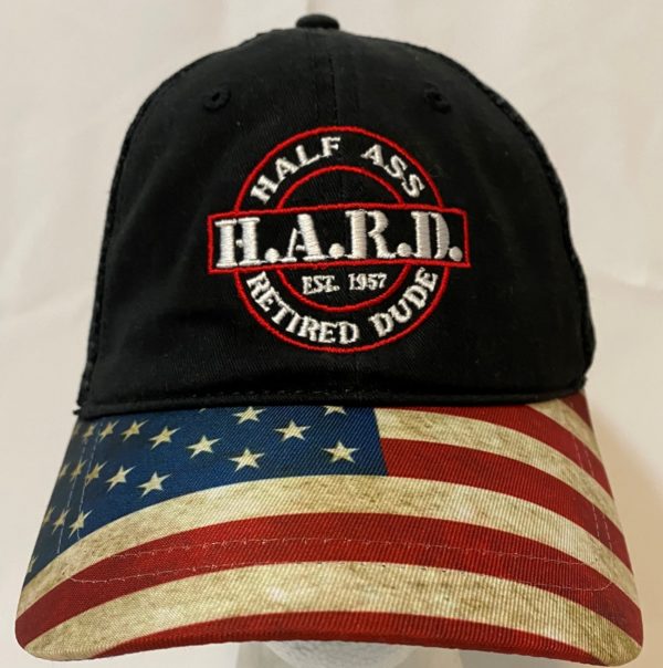 half ass retired dude black baseball snap back hat with american flag bill